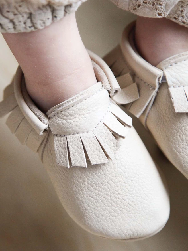 Cream Handmade Leather Baby Moccasins