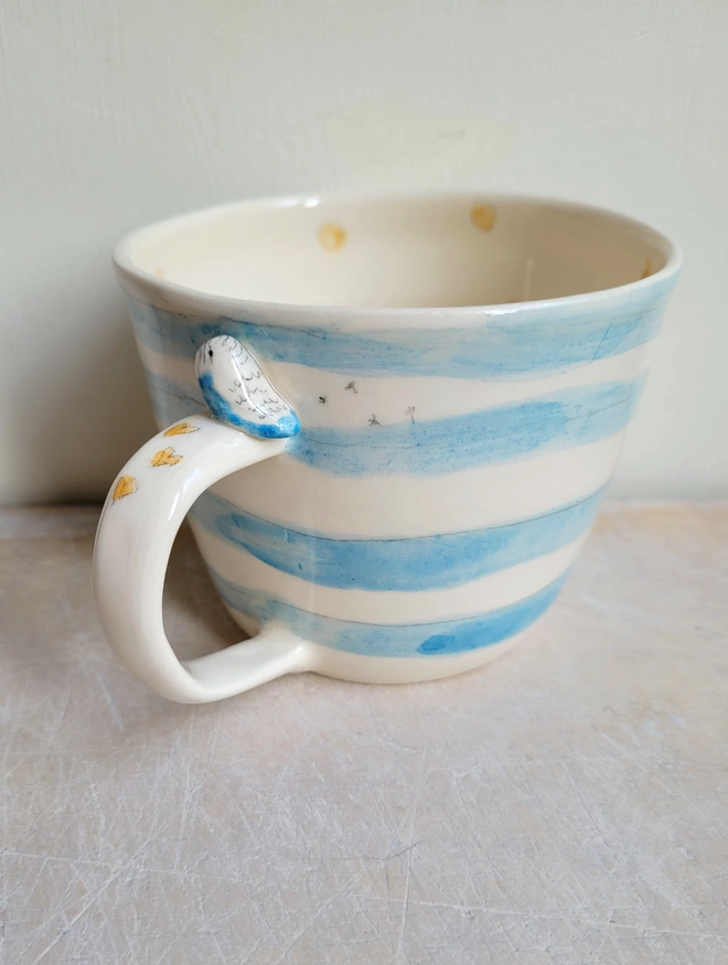 Blue handmade pottery cup with budgie and birdprints