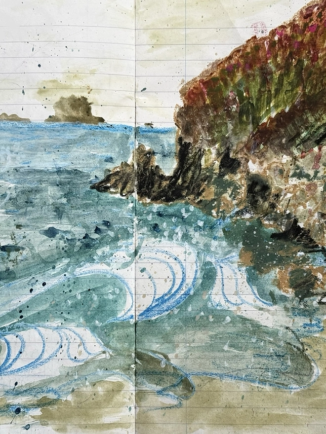 a painting of waves crashing on the shore