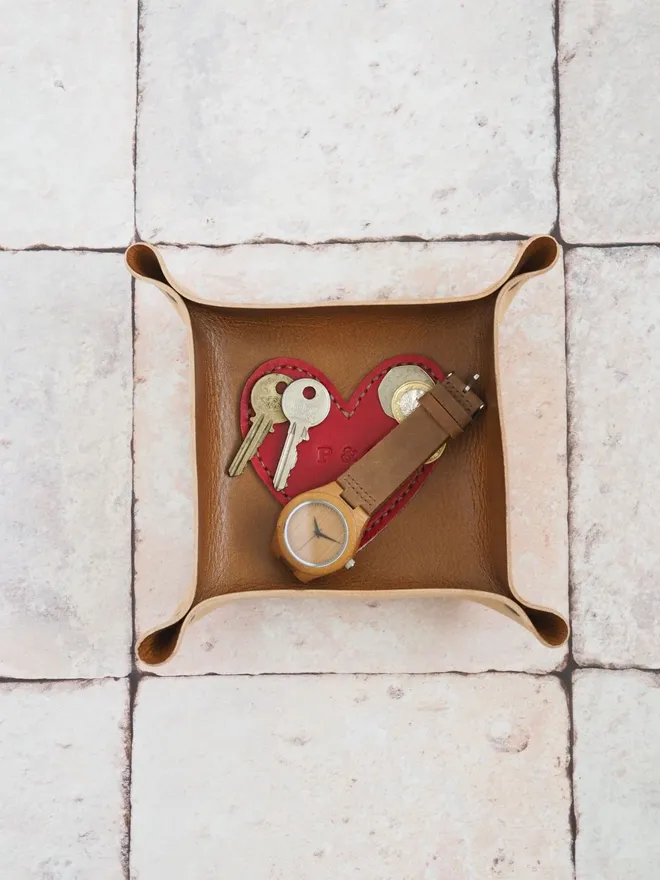 personalised tan brown leather love heart coin tray