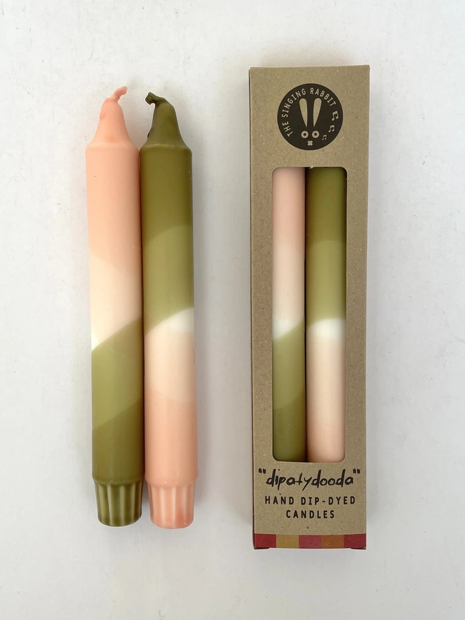 Blush Pink & Olive Green Dip Dyed Dinner Candles (Set Of 2)