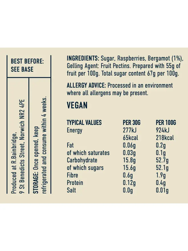Raspberry & Bergamot Jam (Set Of 1, 2 Or 3), the nutritional information of the jam. 