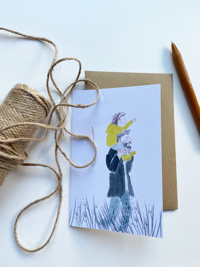 Esther Kent illustrated greeting card showing a child in a yellow jacket riding on the shoulders of a bearded man, on a country walk