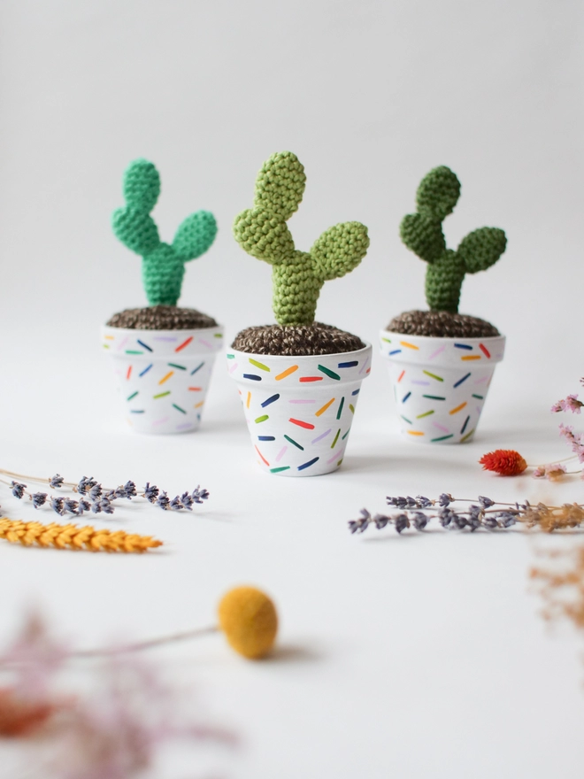 Crocheted cacti in colourful hand-painted pots