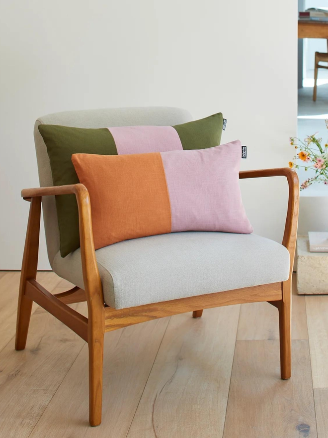 Colour Block Linen Cushion – Dusky/Ginger