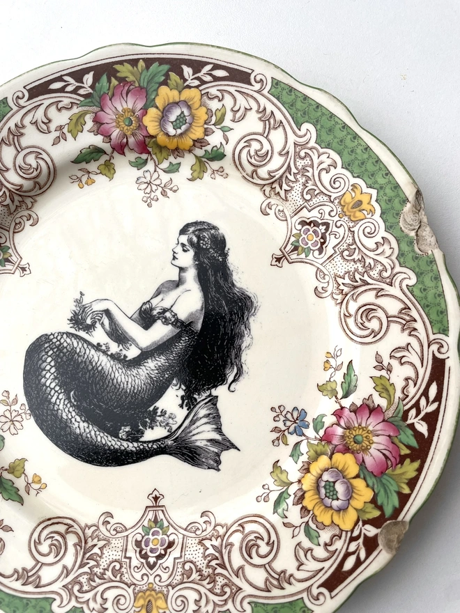 vintage ceramic china plate upcycled recycled altered art ornate border preloved mermaid nautical fish sea ocean surf nature tail 