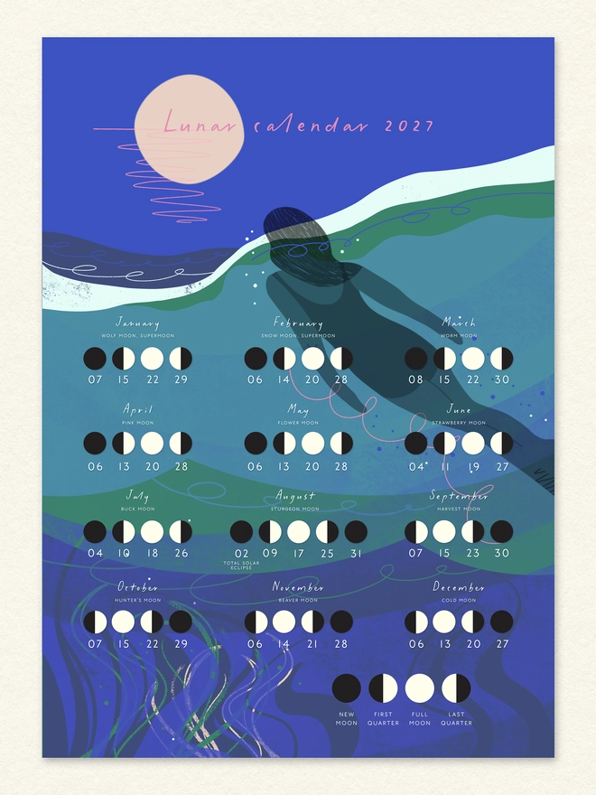 Lunar calendar 2027 moon cycles wild swimming nature print