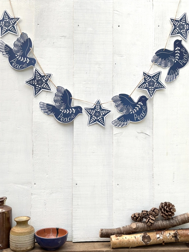Dove Of Peace Hand Printed Linocut Scandi Style Garland With Folk Art Stars
