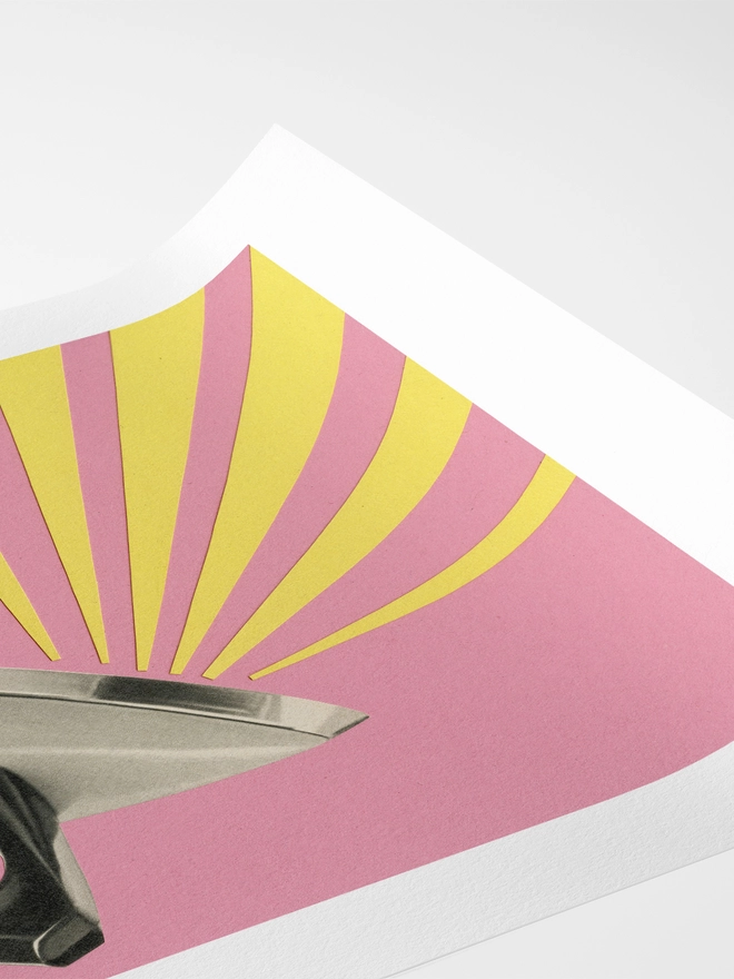  A print depicting a vintage iron against a pink background,