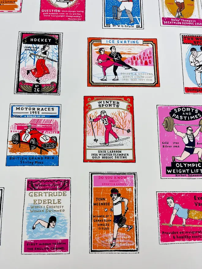 A To Z Of Sport Screenprint Going For Gold, a collection of colourful sport designs on a white screenprint. 