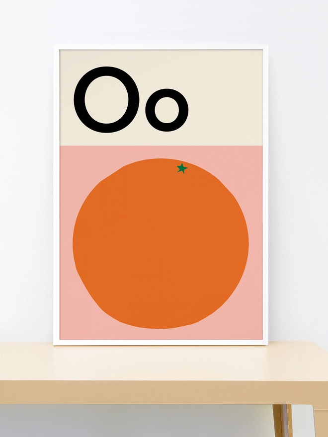 framed illustrated orange wall print with letters Oo