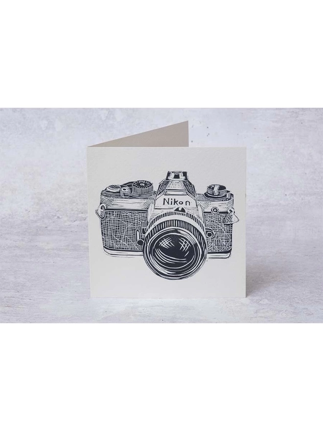 Greeting Card with an image of a Nikon Camera taken from an original lino print