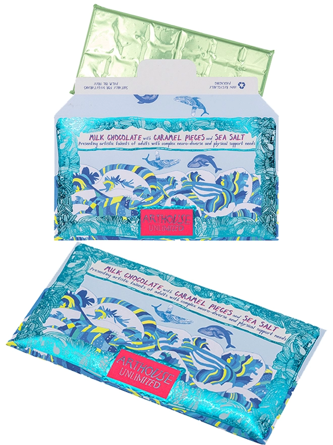 Charity milk chocolate with caramel & sea salt wrapped in foiled card with blue whales design