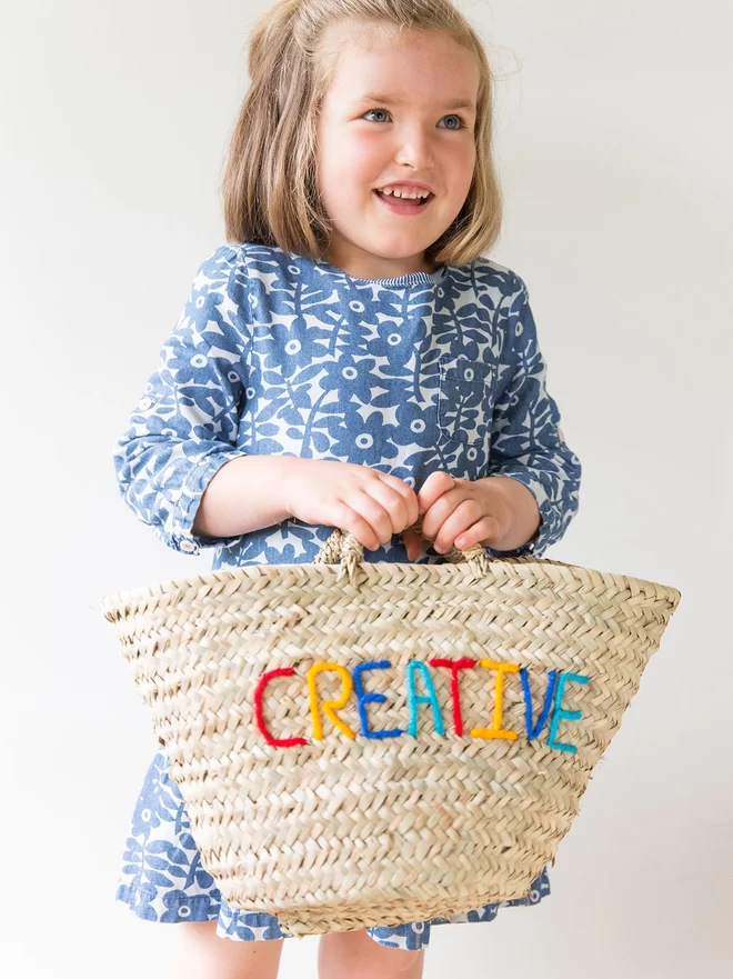 LoLA Large creative basket with colourful embroidery great storage great for children