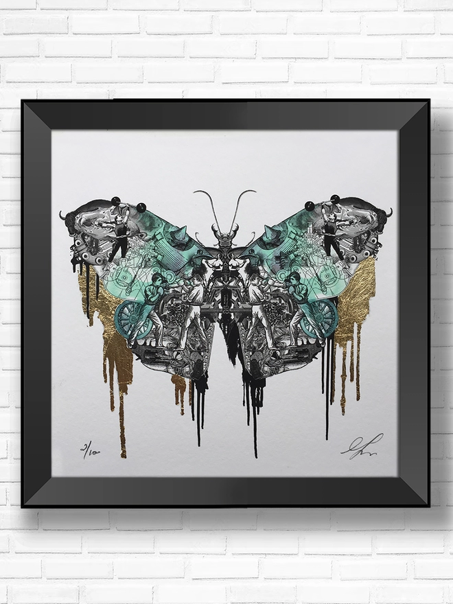 limited edition butterfly moth print gold leaf tattoo art, black ink, gold