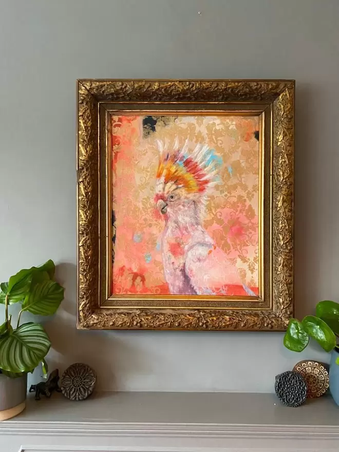 Pink cockatoo in frame