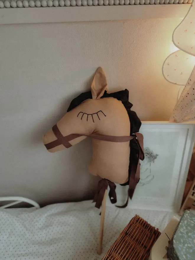 Handmade Brown Cotton Hobby Pony on Stick, Nursery Ride-On Toy