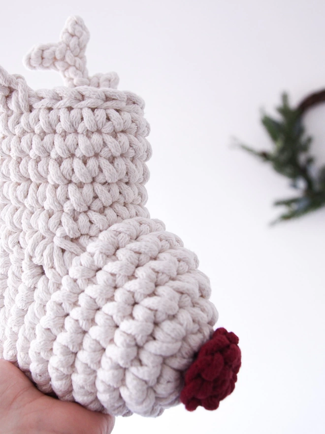 hand-crocheted Small reindeer christmas stocking