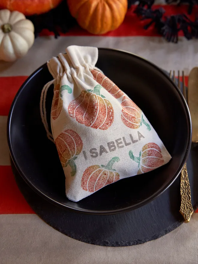 Personalised pumpkin stamped Halloween treat bag