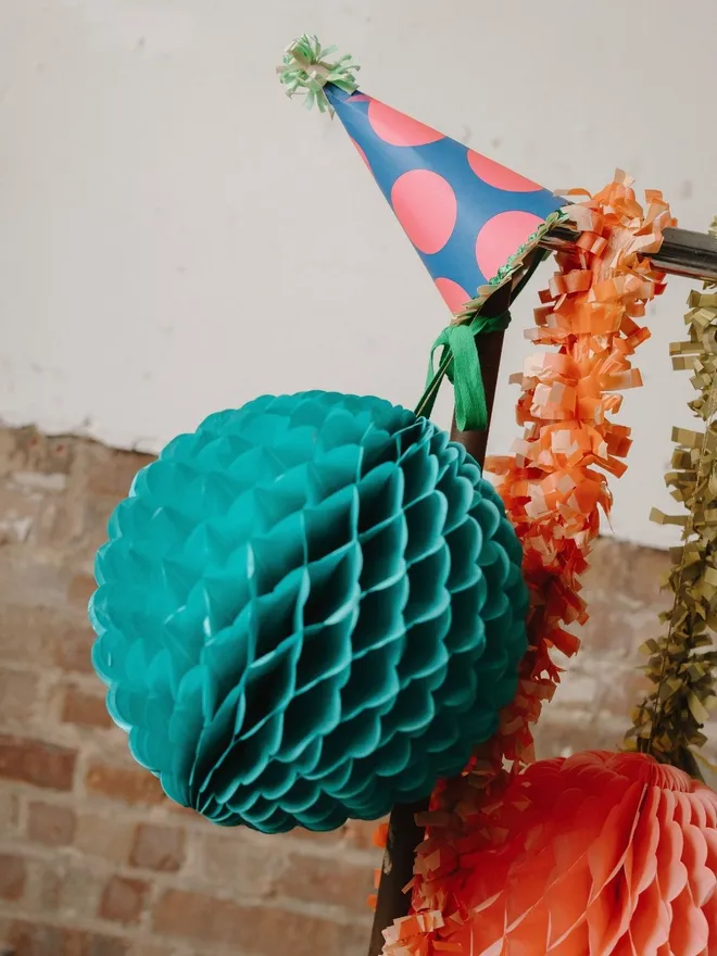Scallop teal paper ball decoration and party hat