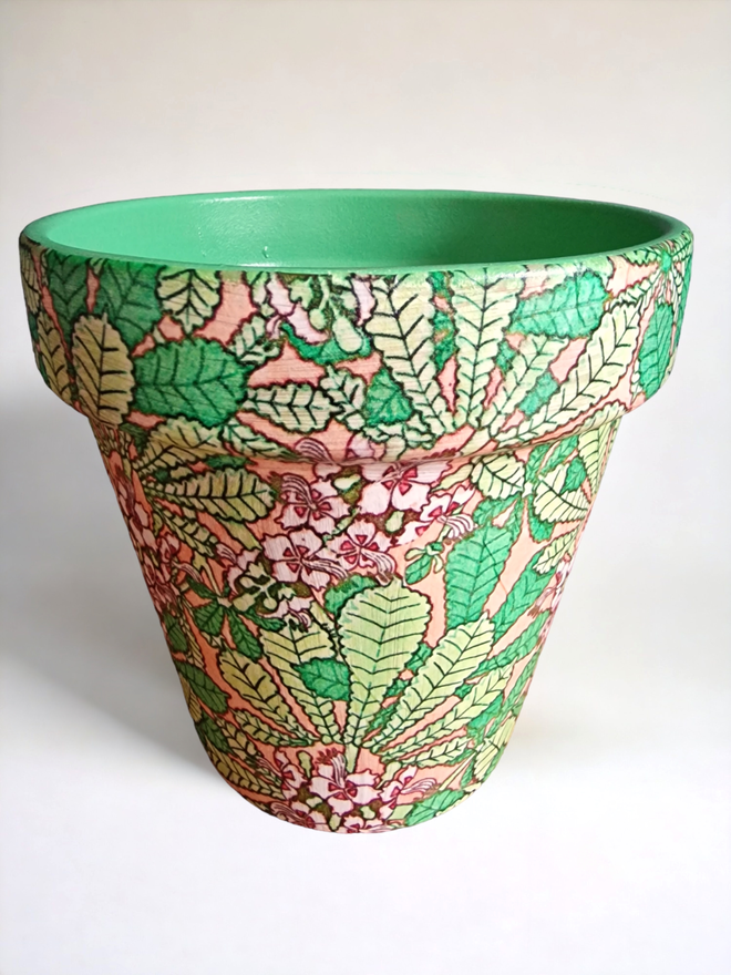 Art nouveau botanical design Plant Pot suitable for indoor or outdoor use.  15 cm in diameter and 13.7 cm in height