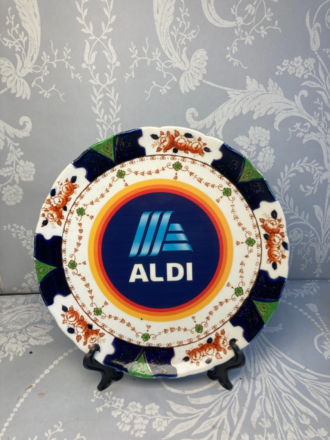Aldi, cjina plate, vintage plate, Aldi vintage plate, vintage Aldi plate, hand printed, unique, original, gift, one of a kind, ooak, supermarket chic, humour