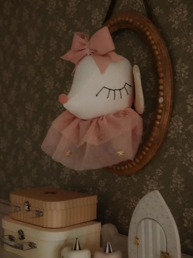 Handmade ballerina mouse wall decor for a girls’ nursery Mouse head wall hanging for baby room and nursery decoration