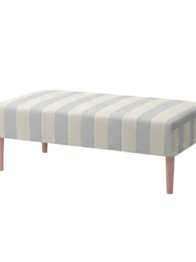Hand Painted Upholstered Striped Linen Coffee Table Ottoman, metallic silver coffee table sitting against a white backdrop. 