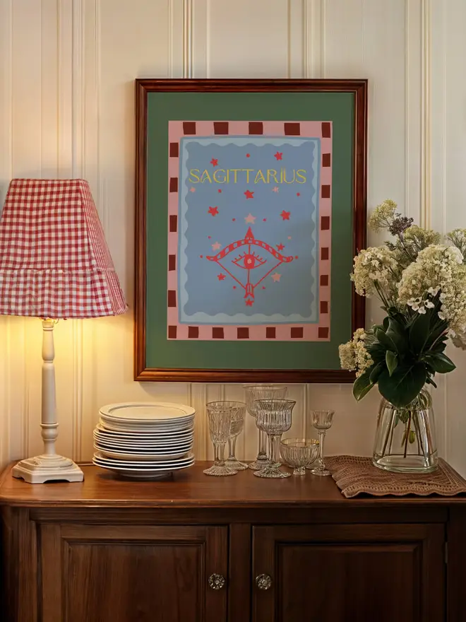 Sagittarius horoscope star sign print with stripes and the zodiac sign for sagittarius 