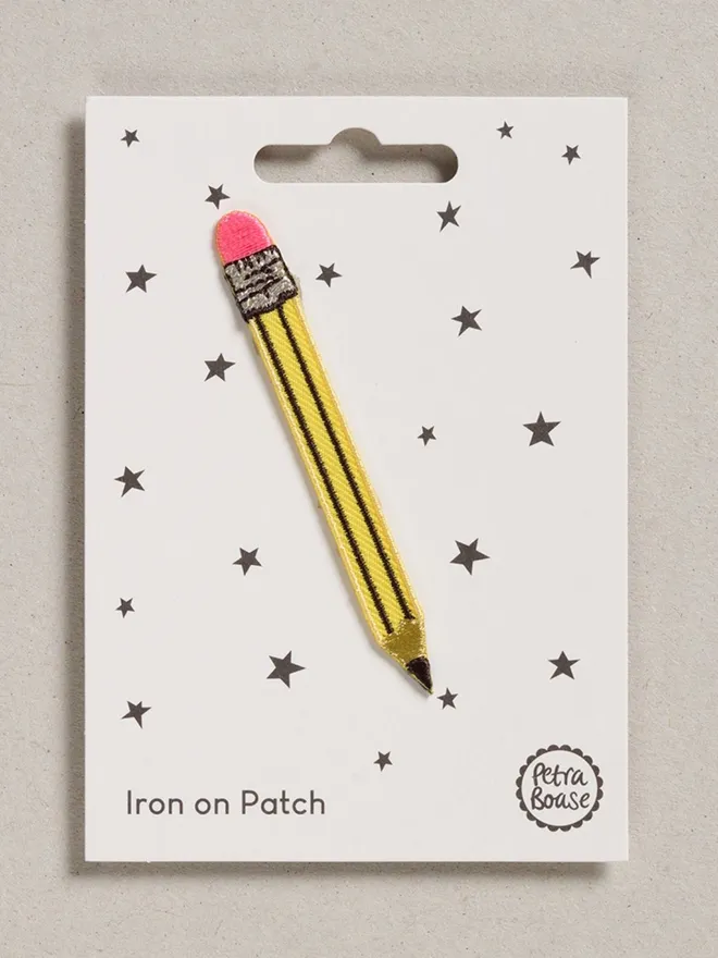 Embroidered pencil iron on fabric patch for customising.