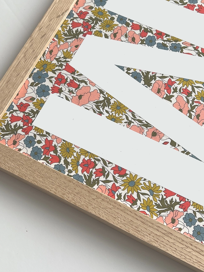 Personalised framed Liberty floral initial print with white lettering - close up
