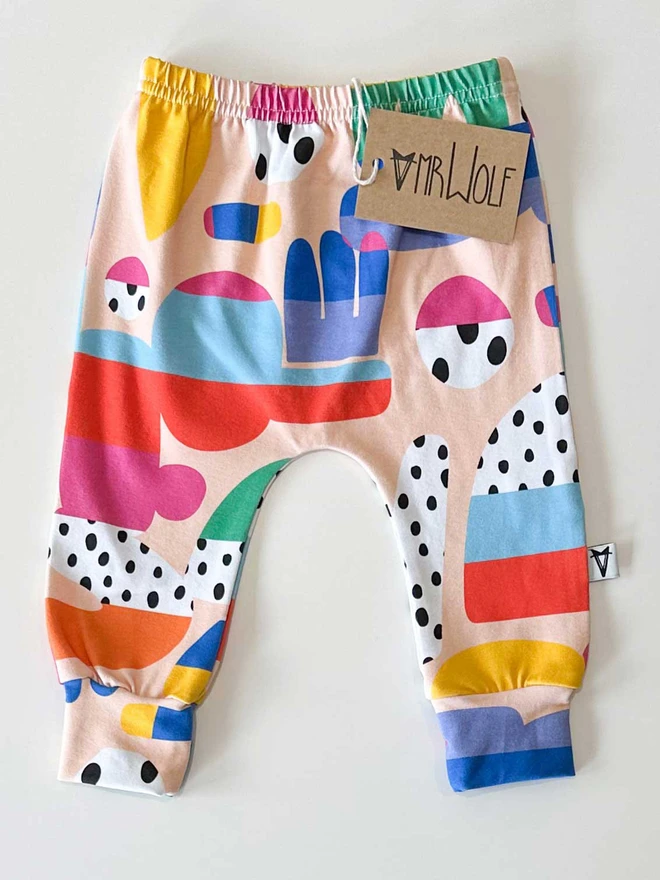 spot collage print, fun colourful. print, baby leggings, toddler leggings, printed leggings