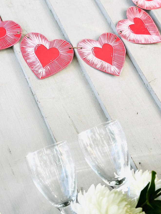 Love Heart Garland Hand Printed Linocut Bunting Decoration