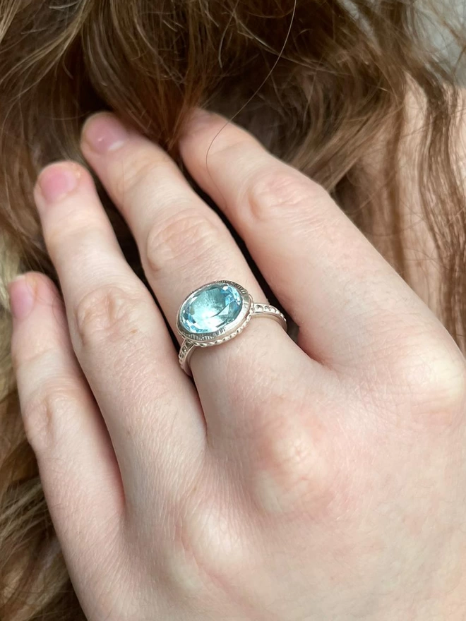 Amulet Milgrain Blue Topaz Silver Stone Ring 