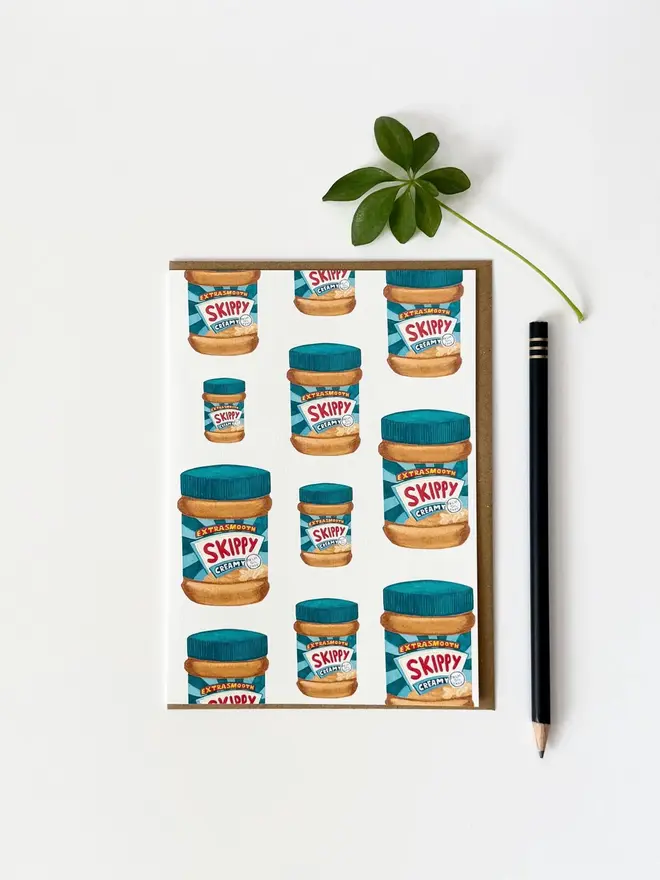 peanut butter jars illustrated card. card photographed against plain white background.