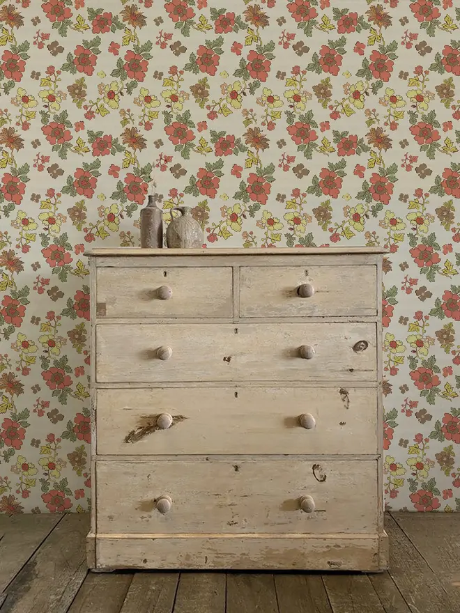 granny's floral retro illustrated wallpaper. orange and yellow illustrated floral wallpaper.