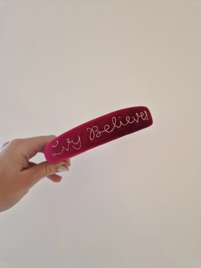 personalised believes embroidered velvet headbands