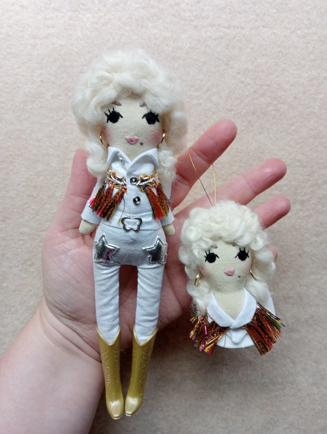 Dolly Parton western style mini doll decorative doll and hanging tree decoration. All white.