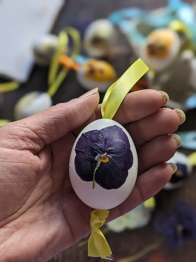 dried pansy easter egg decoration