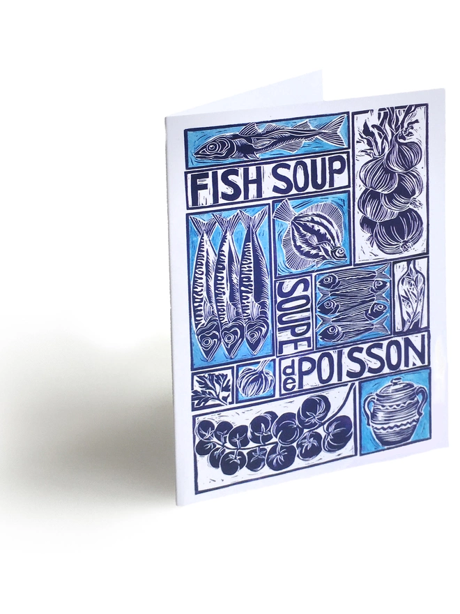 Fish Soup Recipe Greetings Card linocut by Kate Guy