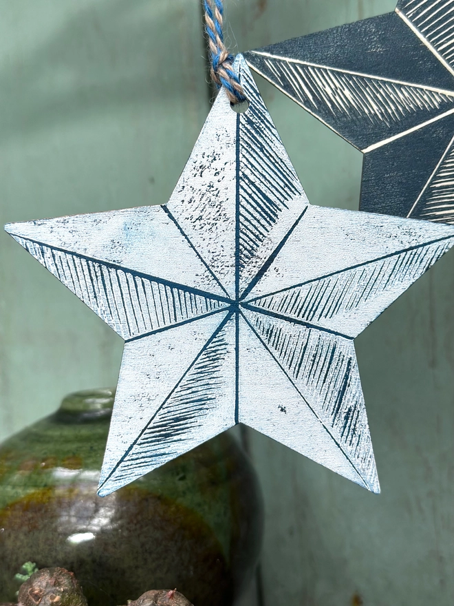 Nordic Christmas Star Wooden Decoration Hand Printed Linocut