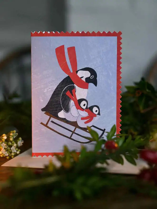 Penguin Family Christmas card Mortlake Papers