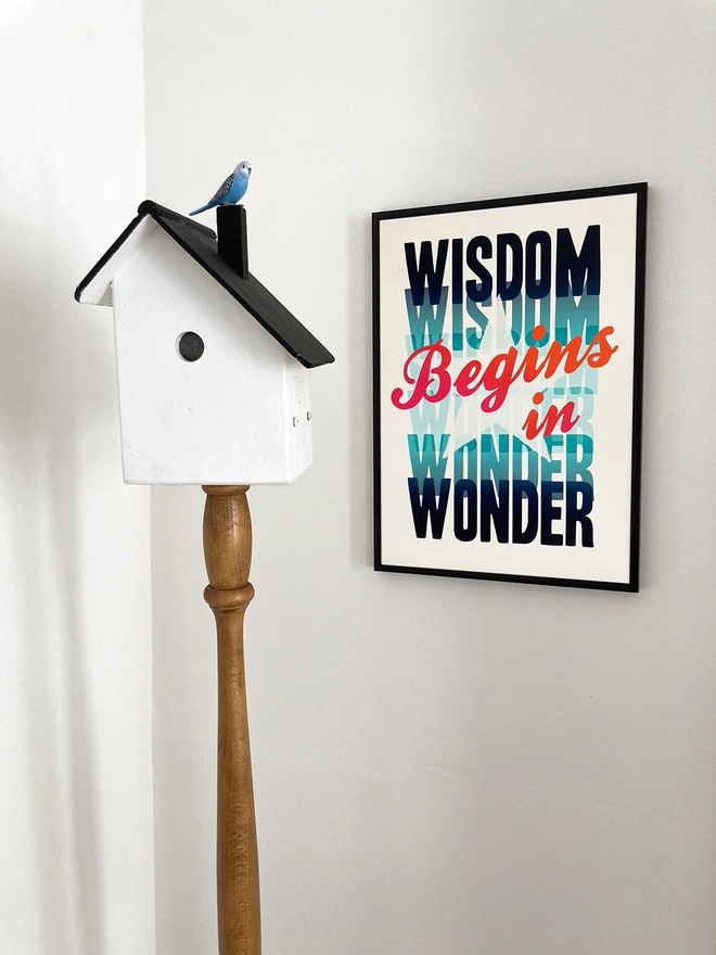 Framed multicoloured typographic print of Socrate’s famous quote - “Wisdom Begins In Wonder” The print hangs next to a bird box standard lamp.