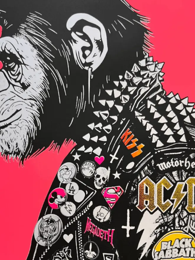 A side profile print of a metal monkey wearing a  punk leather jacket decorated with music band patches, holding an icecream against a neon pink background. 