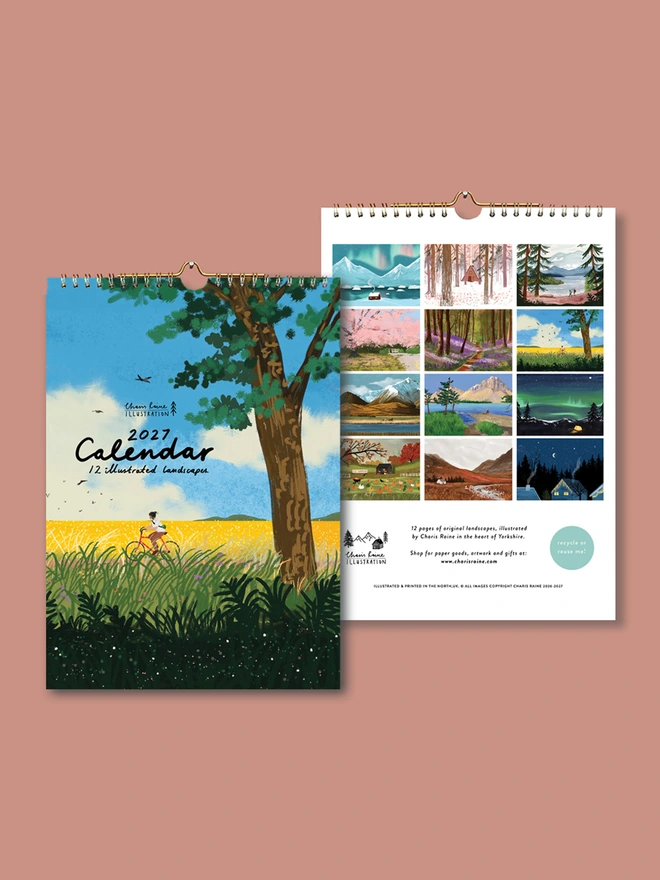 Illustrated landscape calendar by Charis Raine featuring a cyclist though yellow and green fields, with a tree and blue sky
