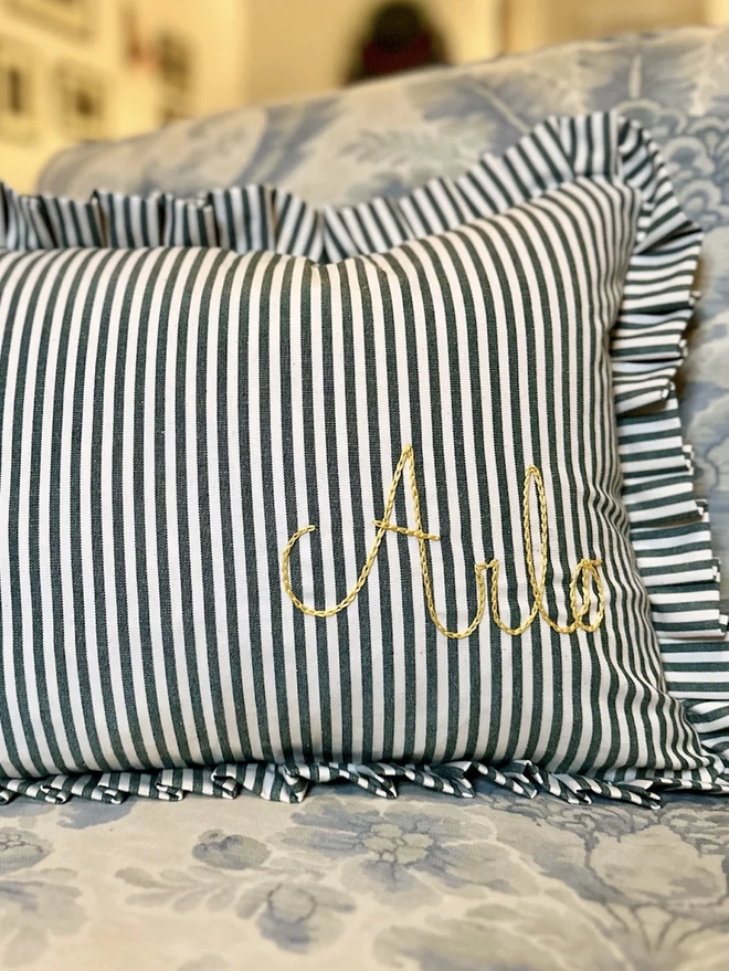 Personalised Green Candy Stripe Cushion With Frill