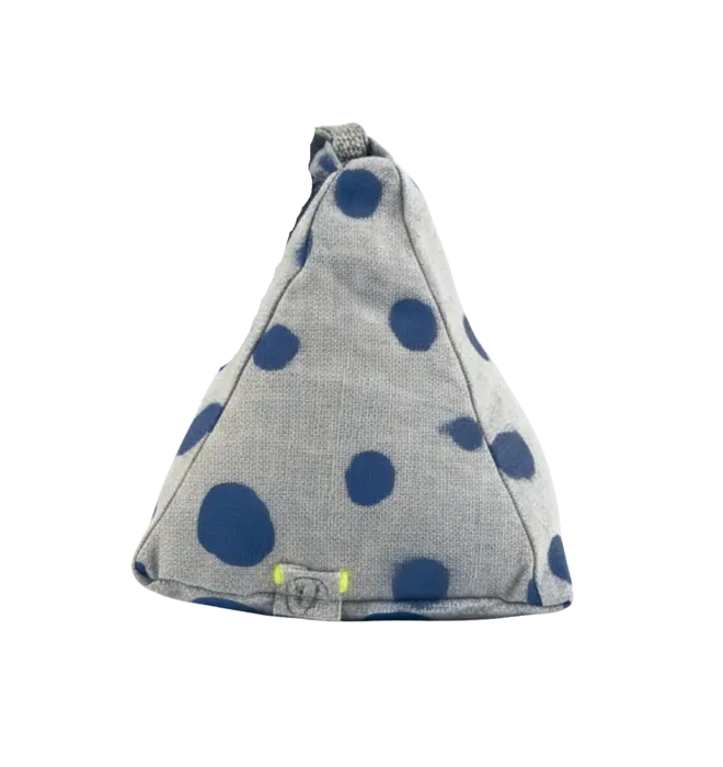 Hand Painted Linen Sustainable Doorstop In Polka Dot Print, a colourful navy doorstop against a white background. 