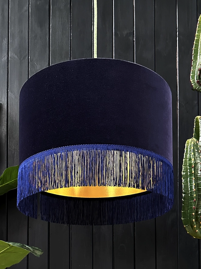 Indigo Blue Velvet Lampshade With Gold Lining & Fringing. 