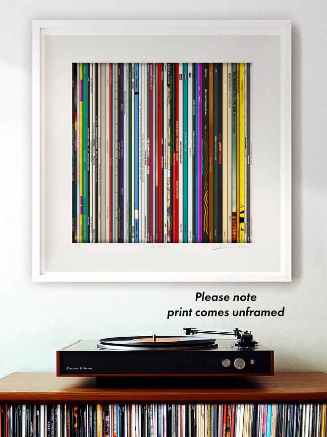 Fine Art print of vinyl records Manchester album spines, framed example