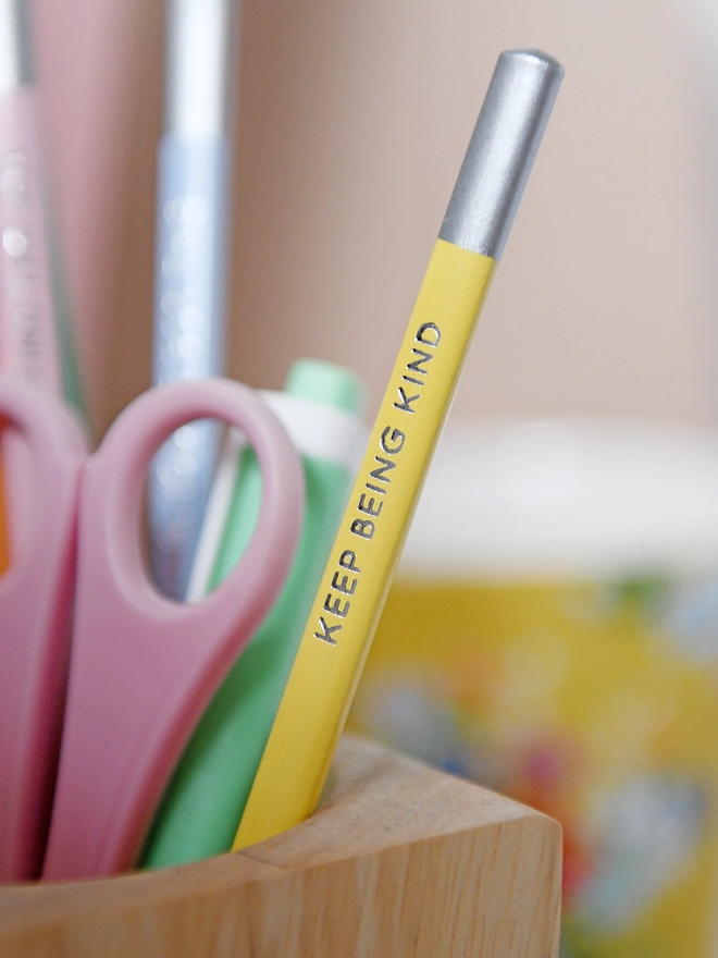 A yellow pencil with a silver end and silver words reading Keep Being Kind pokes out from a pen pot along with several other pastel pens and pencils.